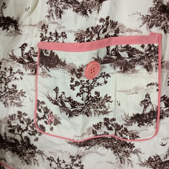 Vintage Inspired Country Toile Cotton Apron With Pink Button Pocket & Ties - Picture 2 of 8